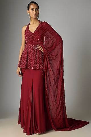 Red Georgette Seep & Cutdana Work Draped Lehenga Saree Set by Malasa
