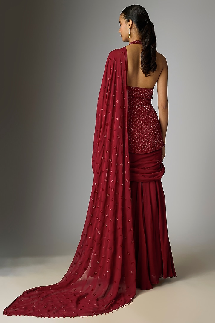 Red Georgette Seep & Cutdana Work Draped Reception Lehenga Saree Set by Malasa at Pernia's Pop Up Shop