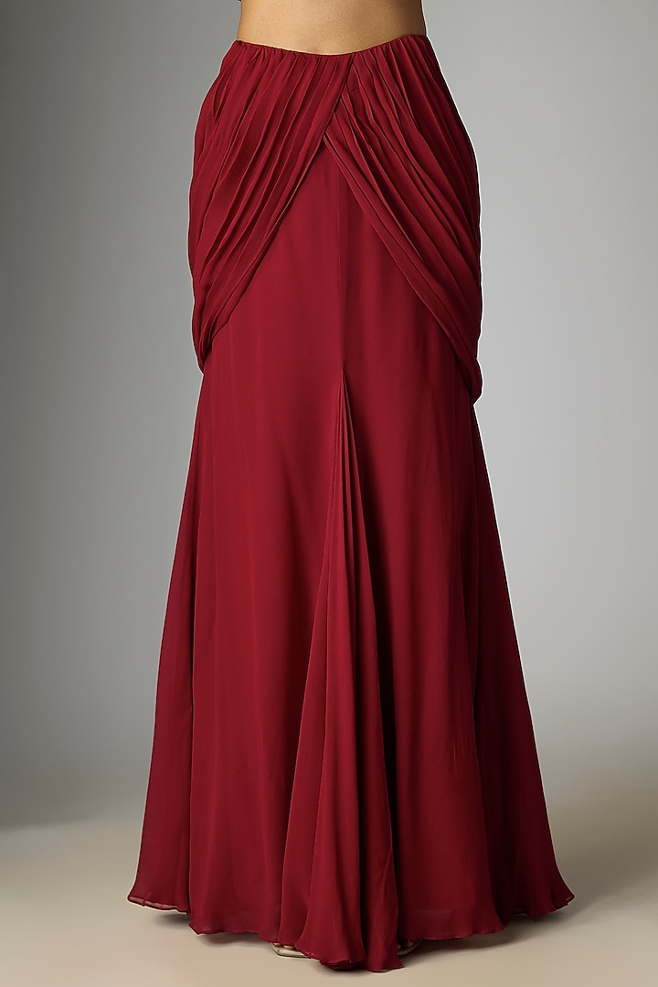 Red Georgette Seep & Cutdana Work Draped Reception Lehenga Saree Set by Malasa at Pernia's Pop Up Shop