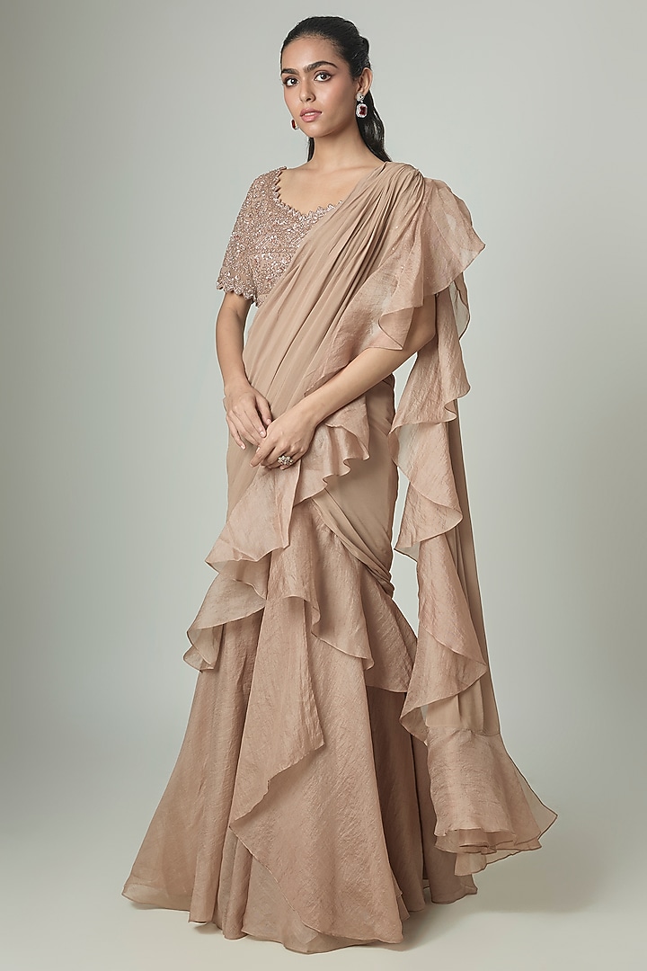 Champagne Organza Draped Reception Saree Set by Malasa at Pernia's Pop Up Shop