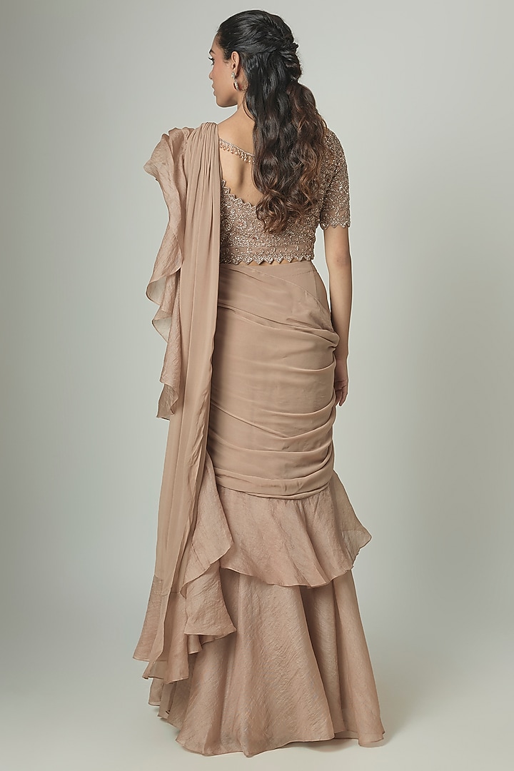 Champagne Organza Draped Reception Saree Set by Malasa at Pernia's Pop Up Shop
