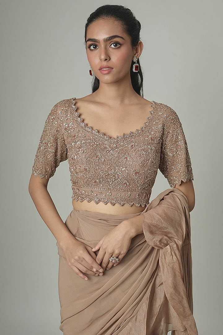 Champagne Organza Draped Reception Saree Set by Malasa at Pernia's Pop Up Shop