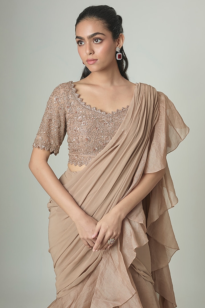 Champagne Organza Draped Reception Saree Set by Malasa at Pernia's Pop Up Shop