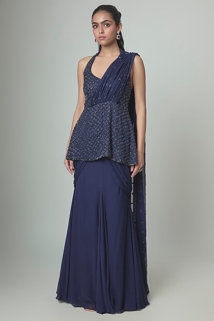 Blue Georgette Draped Reception Saree Set by Malasa at Pernia's Pop Up Shop