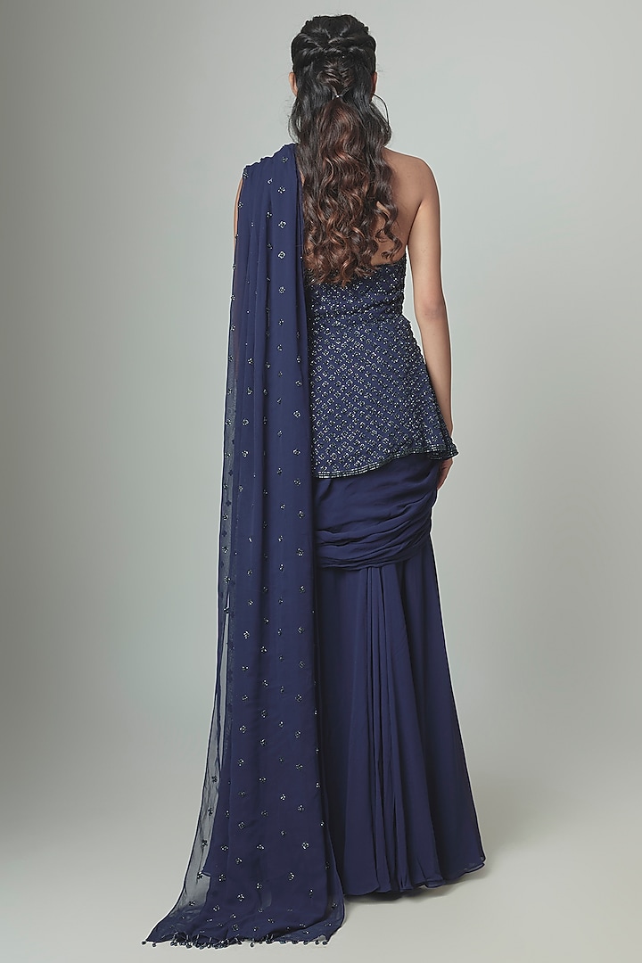 Blue Georgette Draped Reception Saree Set by Malasa at Pernia's Pop Up Shop