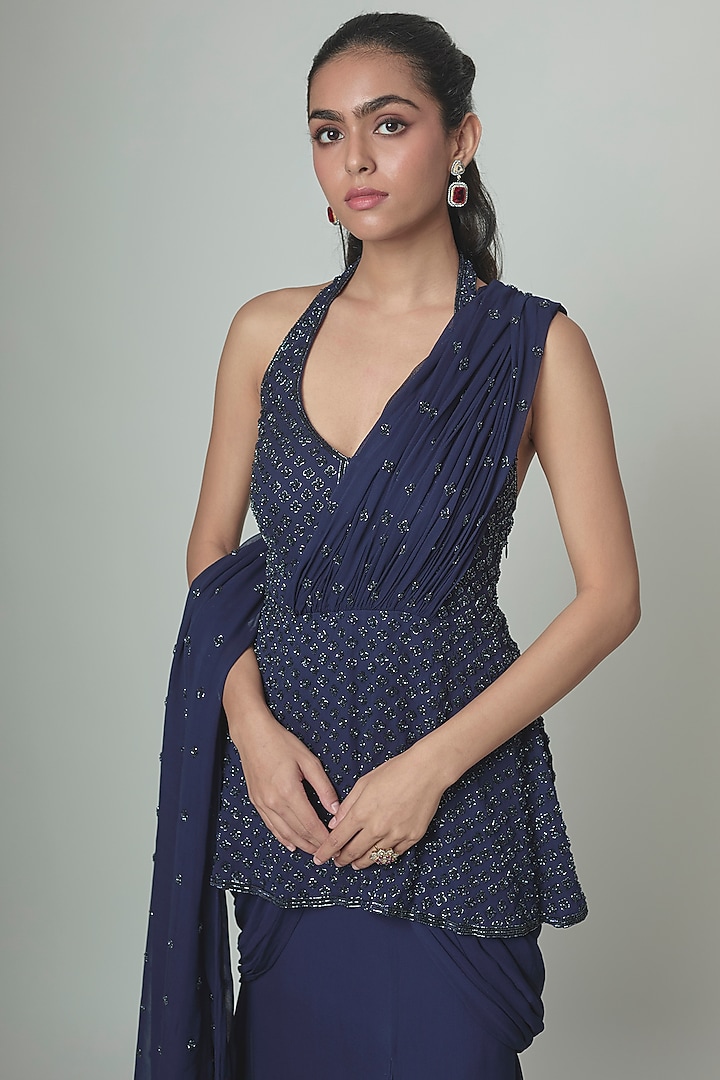 Blue Georgette Draped Reception Saree Set by Malasa at Pernia's Pop Up Shop