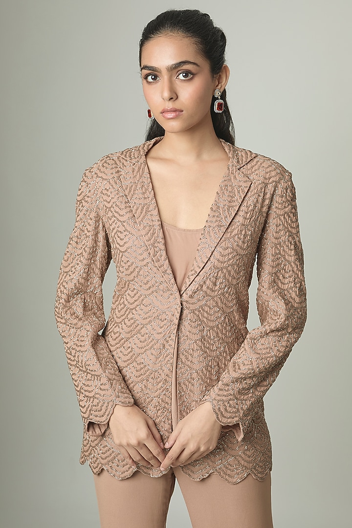 Champagne Georgette Embroidered Jacket Set by Malasa at Pernia's Pop Up Shop