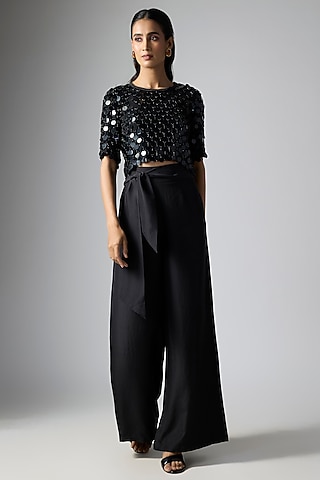 Black Silk Satin Pant Set by Malasa