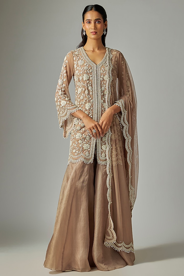 Champagne Organza Bridal Sharara Pearl Work Bridal Sharara Set by Malasa at Pernia's Pop Up Shop