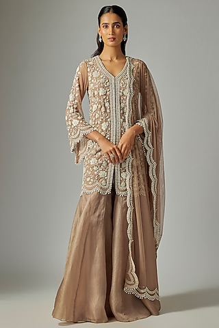 Champagne Organza Sharara Pearl Work Sharara Set by Malasa