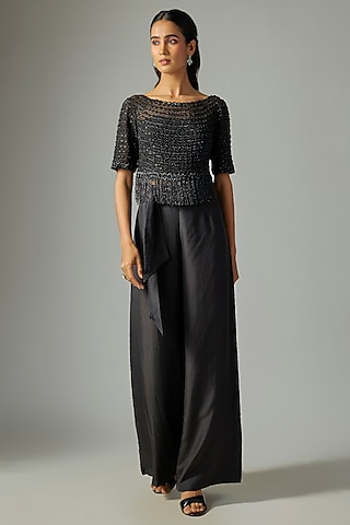 Black Silk Satin Pant Set by Malasa