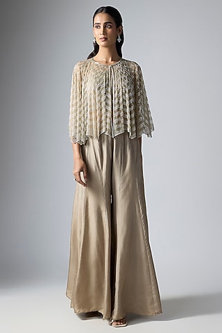 Grey Silk Satin Sharara Set by Malasa