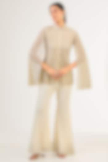 Cream Net Pearl & Cutdana Work Jacket Set by Malasa at Pernia's Pop Up Shop