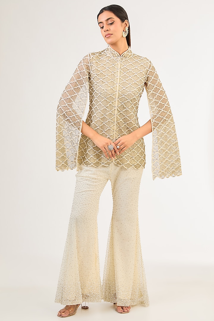 Cream Net Pearl & Cutdana Work Jacket Set by Malasa at Pernia's Pop Up Shop