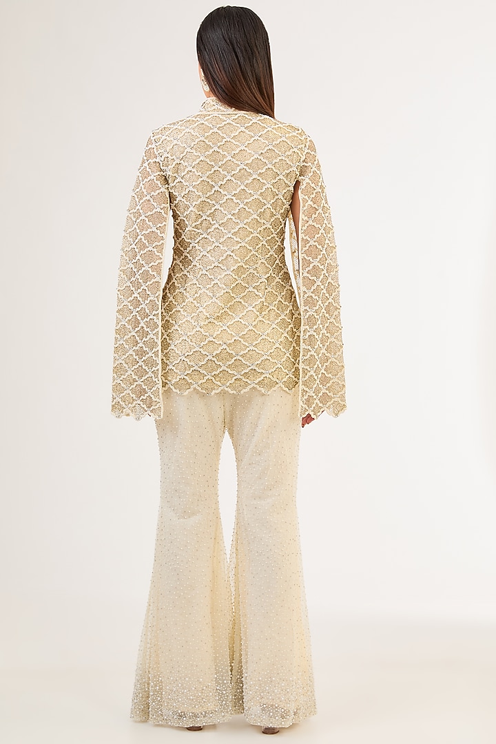 Cream Net Pearl & Cutdana Work Jacket Set by Malasa at Pernia's Pop Up Shop