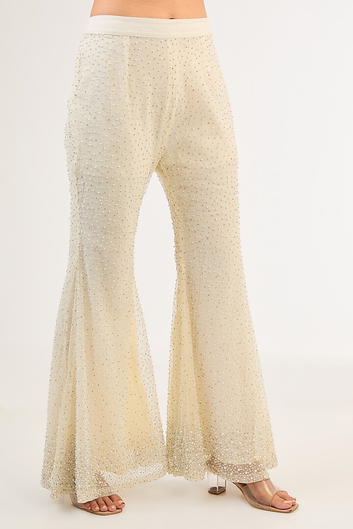 Cream Net Pearl & Cutdana Work Jacket Set by Malasa at Pernia's Pop Up Shop