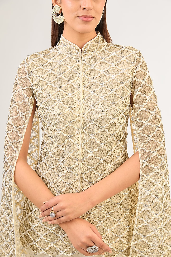 Cream Net Pearl & Cutdana Work Jacket Set by Malasa at Pernia's Pop Up Shop