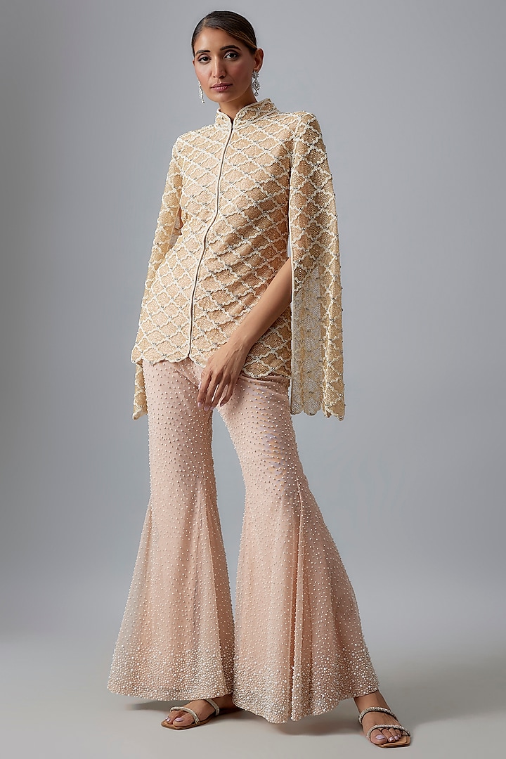 Blush Pink Net Pearl Work Jacket Set by Malasa at Pernia's Pop Up Shop