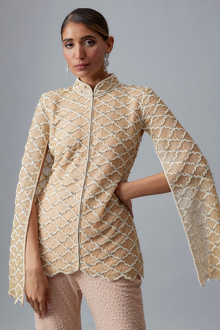 Blush Pink Net Pearl Work Jacket Set by Malasa at Pernia's Pop Up Shop