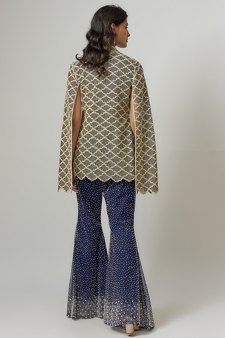 Blue Net Pearl & Cutdana Work Pant Set by Malasa at Pernia's Pop Up Shop