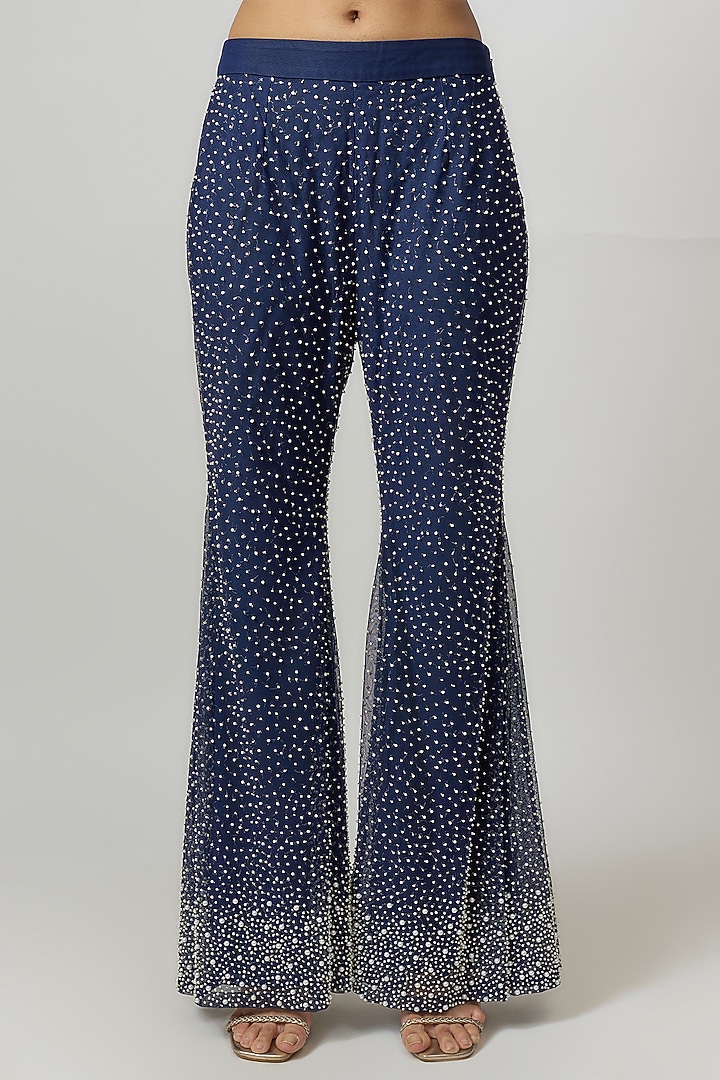 Blue Net Pearl & Cutdana Work Pant Set by Malasa at Pernia's Pop Up Shop