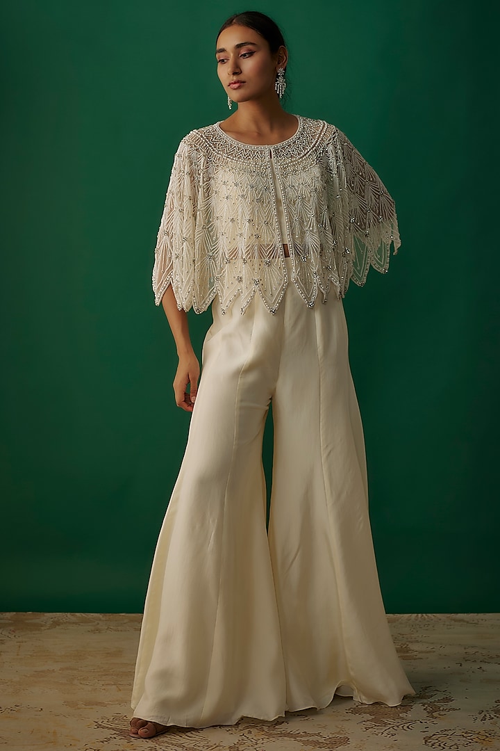 White Net Pearl Embroidered Cape Set by Malasa