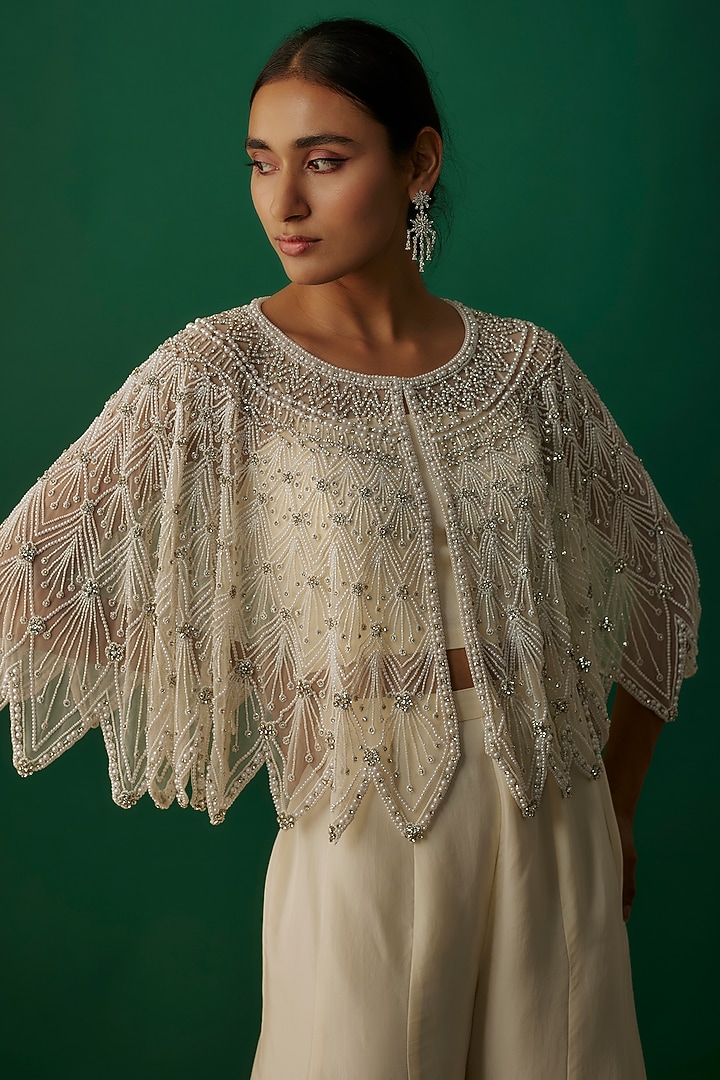 White Net Pearl Embroidered Cape Set by Malasa at Pernia's Pop Up Shop