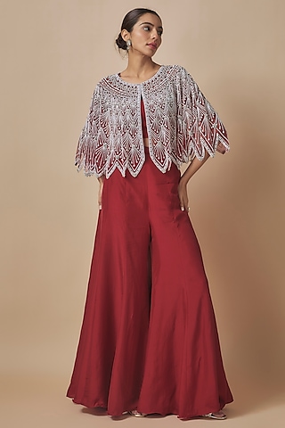 Red Net Cutdana Embroidered Cape Set by Malasa