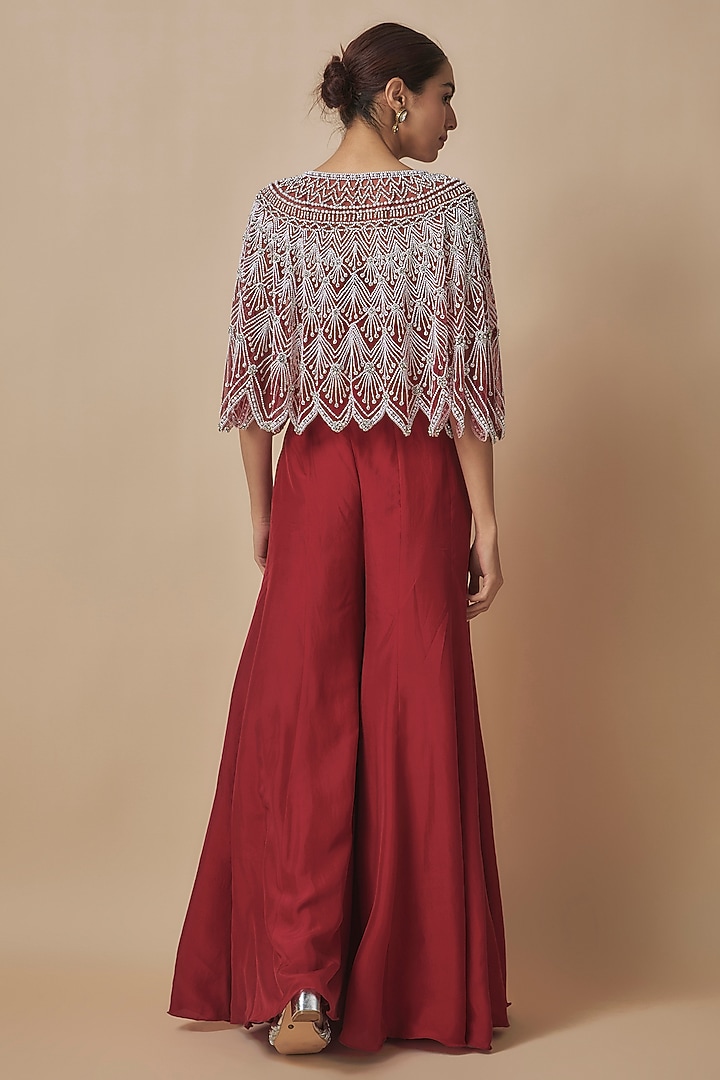 Red Net Cutdana Embroidered Cape Set by Malasa at Pernia's Pop Up Shop