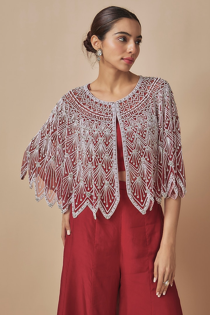 Red Net Cutdana Embroidered Cape Set by Malasa at Pernia's Pop Up Shop