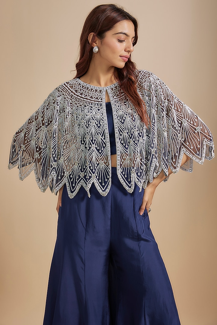 Blue Satin Silk Wedding Sharara Set by Malasa at Pernia's Pop Up Shop