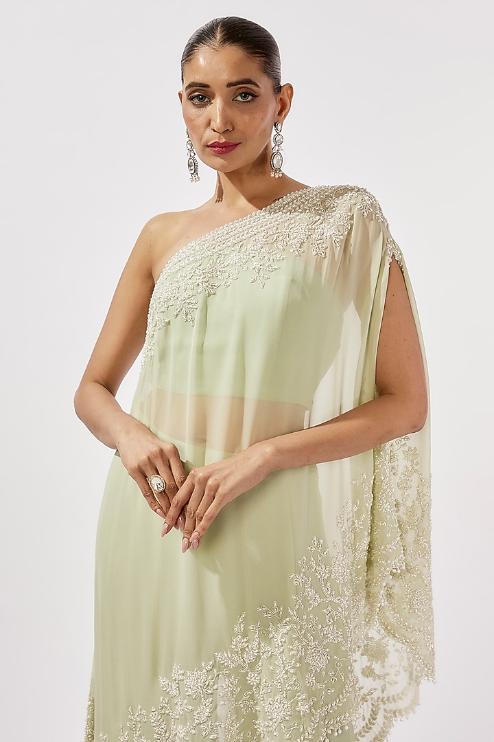 Seafoam Georgette Cutdana Work Cape Set by Malasa at Pernia's Pop Up Shop