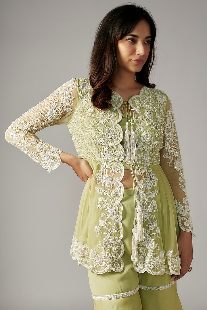 Green Organza Wedding Sharara Set by Malasa at Pernia's Pop Up Shop