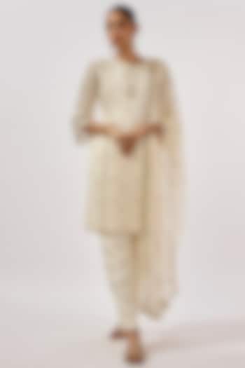 Ivory Georgette Pearl Work Kurta Set by Malasa