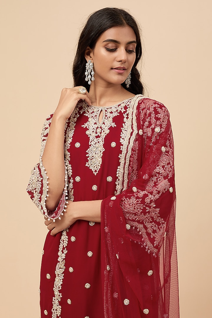 Red Georgette Pearl & Cutdana Embroidered Kurta Set by Malasa at Pernia's Pop Up Shop