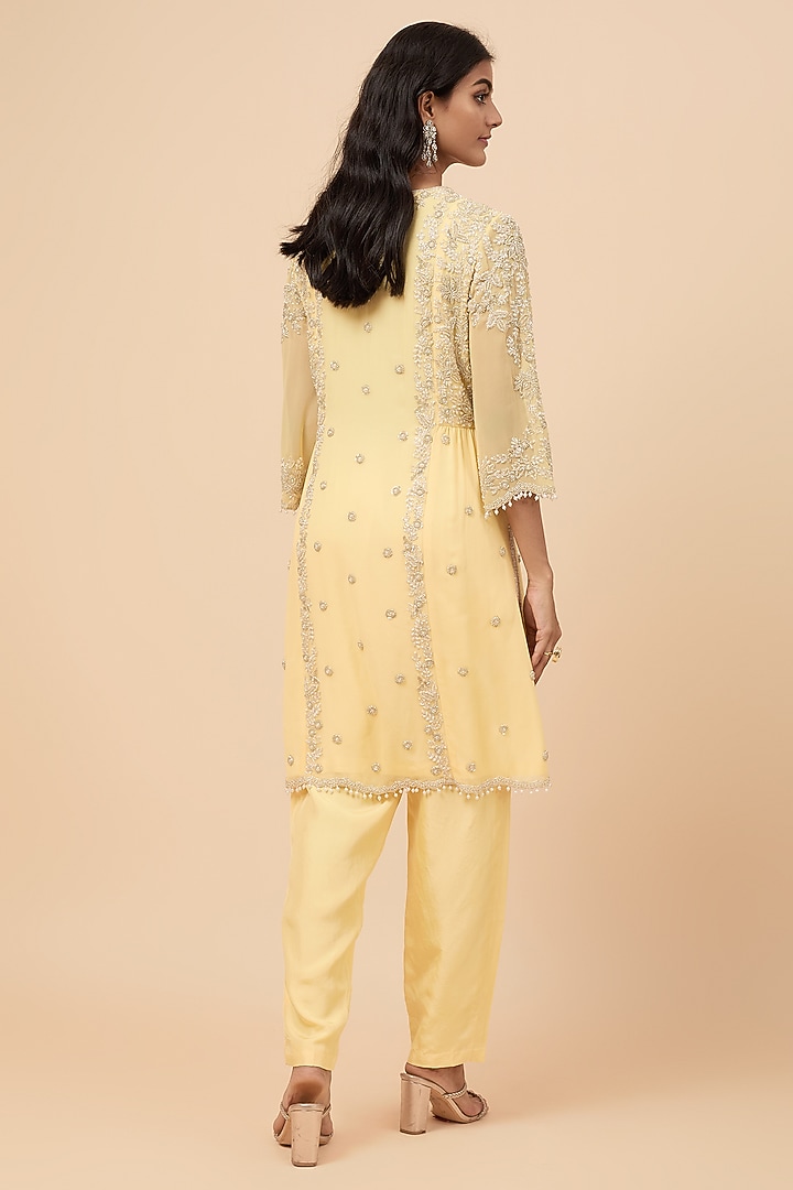 Yellow Georgette Pearl & Cutdana Embroidered Kurta Set by Malasa at Pernia's Pop Up Shop