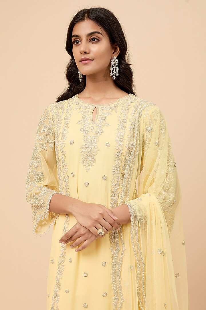 Yellow Georgette Pearl & Cutdana Embroidered Kurta Set by Malasa at Pernia's Pop Up Shop