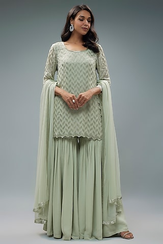Mint Georgette Sharara Set by Malasa