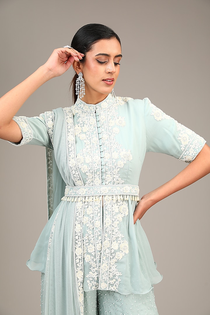 Ice Blue Georgette Bridal Sharara Set by Malasa at Pernia's Pop Up Shop