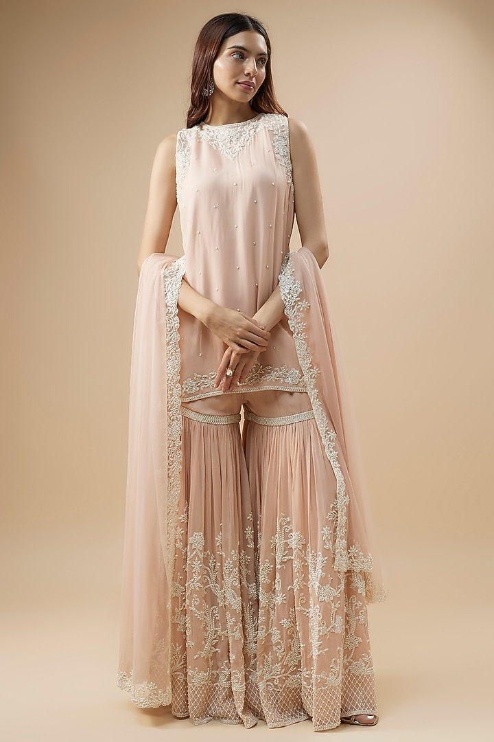 Pink Georgette Pearl & Thread Work Bridal Sharara Set by Malasa at Pernia's Pop Up Shop