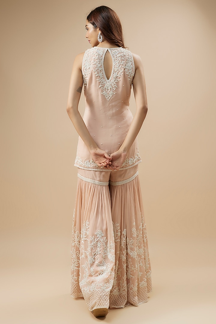 Pink Georgette Pearl & Thread Work Bridal Sharara Set by Malasa at Pernia's Pop Up Shop