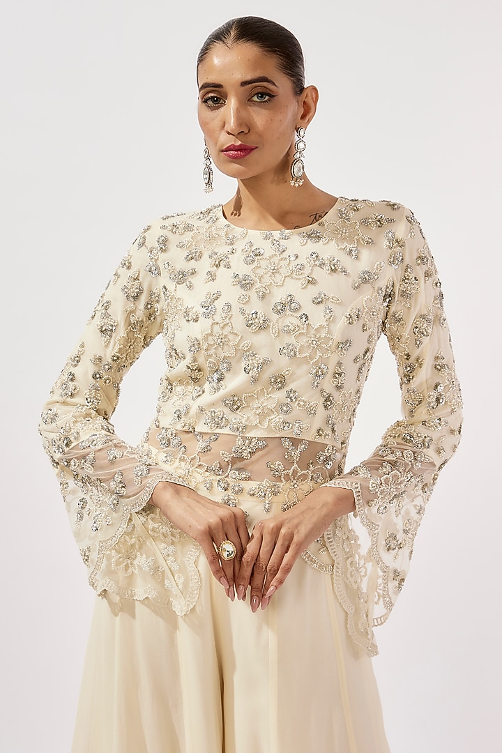 Ivory Georgette Wedding Sharara Set by Malasa at Pernia's Pop Up Shop