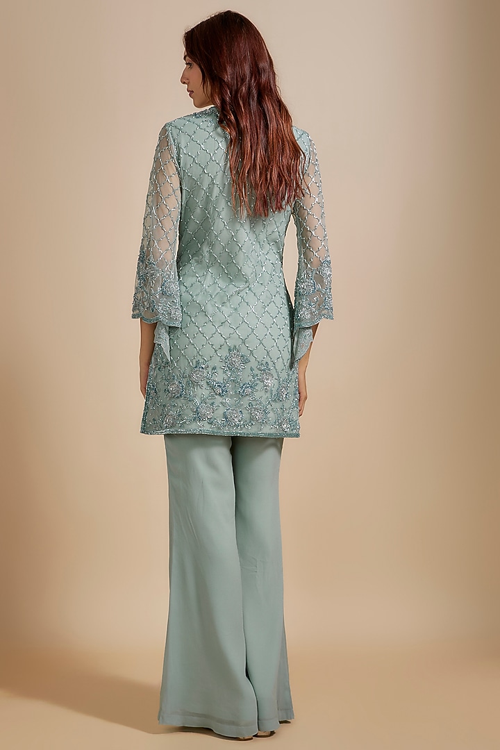 Ice Blue Net Seep & Cutdana Work Jacket Set by Malasa at Pernia's Pop Up Shop