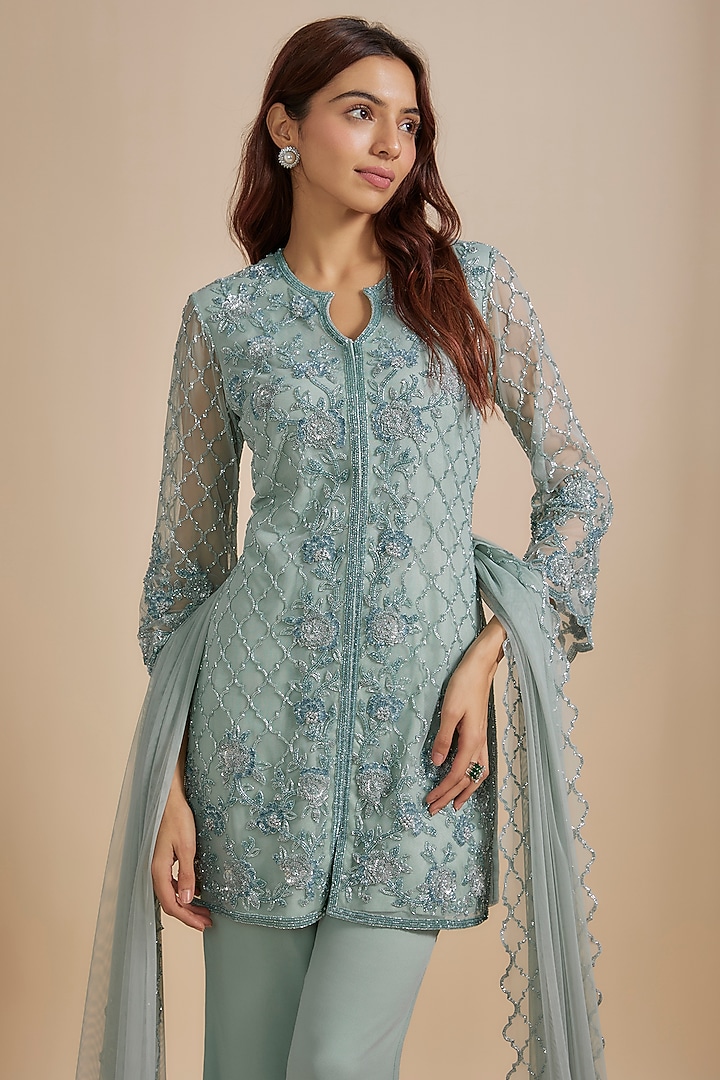 Ice Blue Net Seep & Cutdana Work Jacket Set by Malasa at Pernia's Pop Up Shop