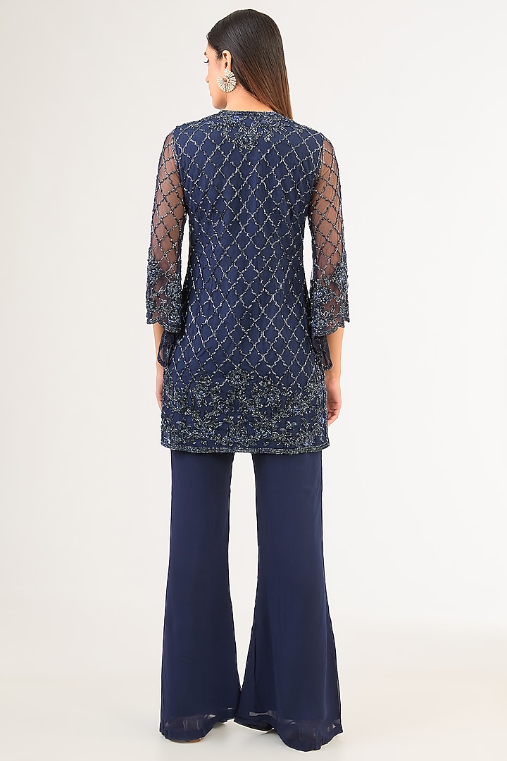 Blue Net Cutdana Work Jacket Set by Malasa at Pernia's Pop Up Shop