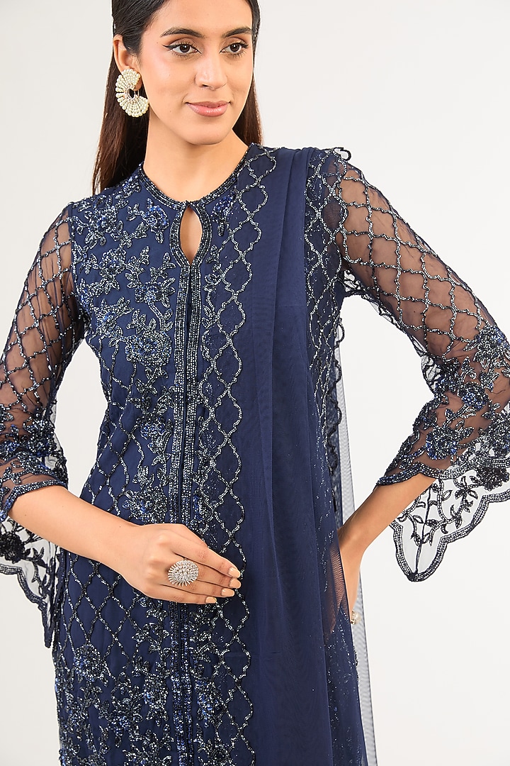 Blue Net Cutdana Work Jacket Set by Malasa at Pernia's Pop Up Shop