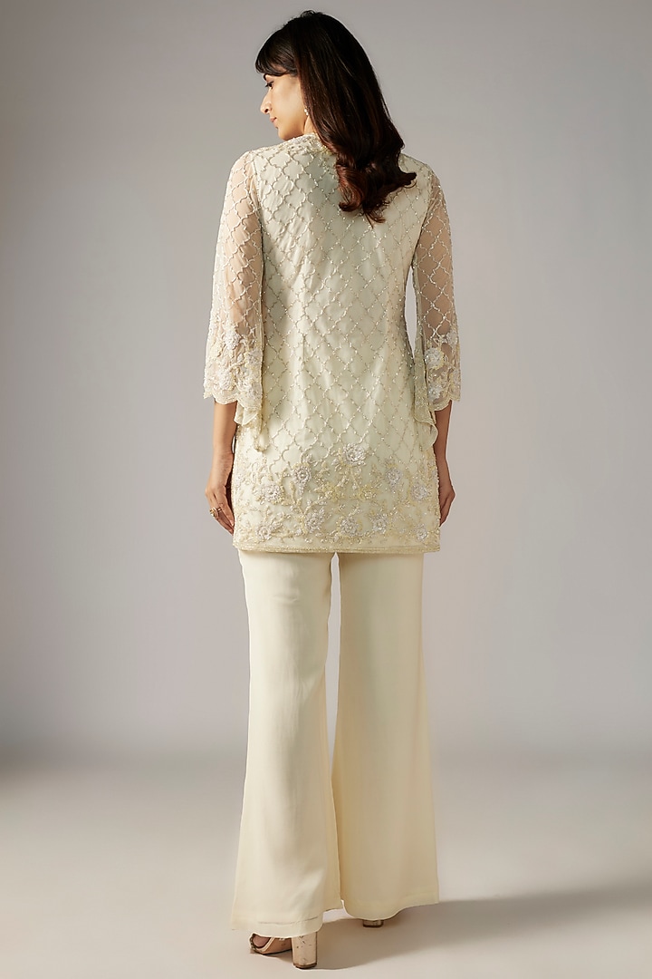 Ivory Net Cutdana Work Jacket Set by Malasa at Pernia's Pop Up Shop