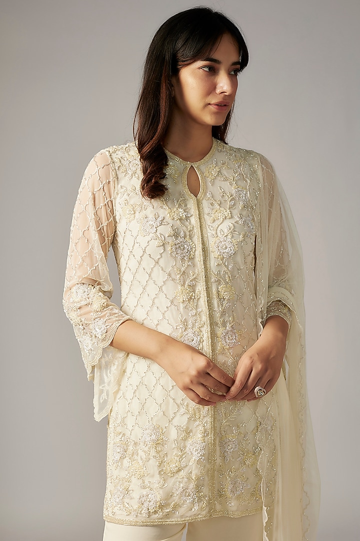 Ivory Net Cutdana Work Jacket Set by Malasa at Pernia's Pop Up Shop