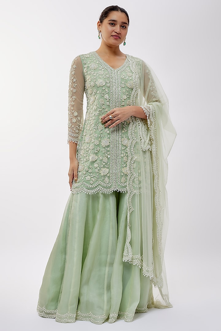 Seafoam Green Organza Bridal Sharara Set by Malasa at Pernia's Pop Up Shop