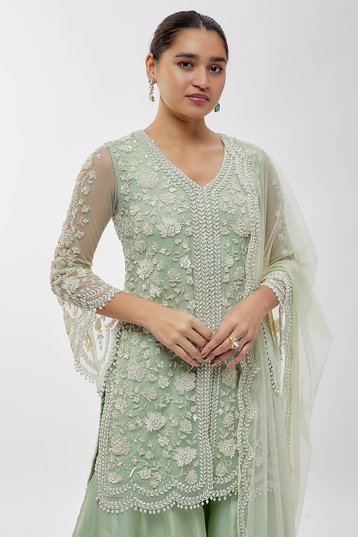 Seafoam Green Organza Bridal Sharara Set by Malasa at Pernia's Pop Up Shop